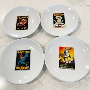 Pottery Barn  VINTAGE POSTERS Set of 4 Plates Canape Cocktail 8"  Appetizer